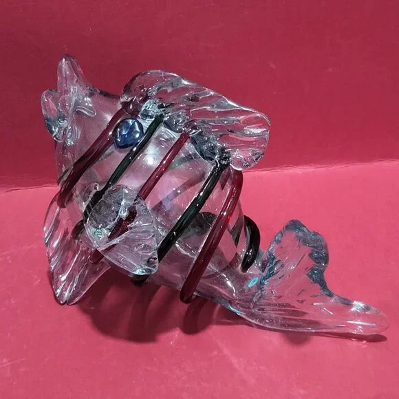 Decorative Fish Sculpture Blown Glass Colorless Red Green Colored Foil Fusions